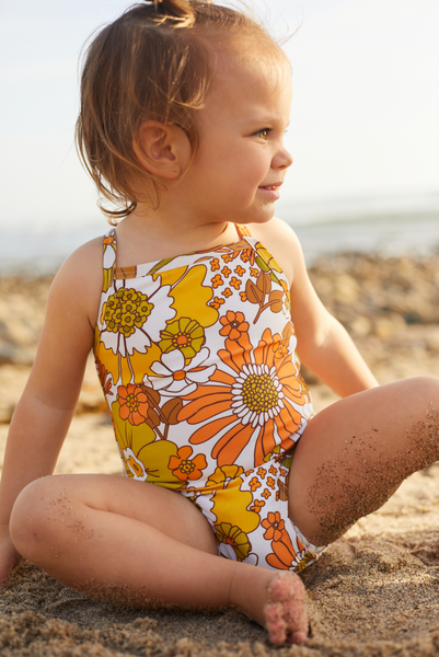 Girls retro floral one piece swimsuit. Sizes 3 months to 10 years old. 