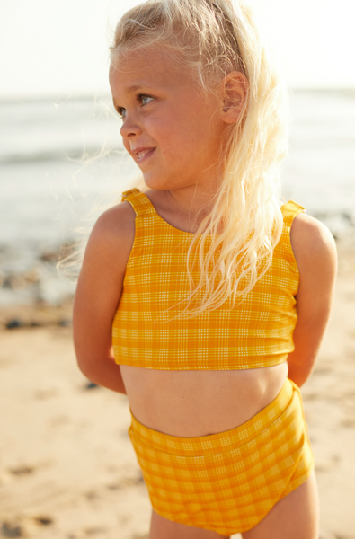 Girls high waisted bikini in yellow plaid. Sizes 3 months to 10 years old. 